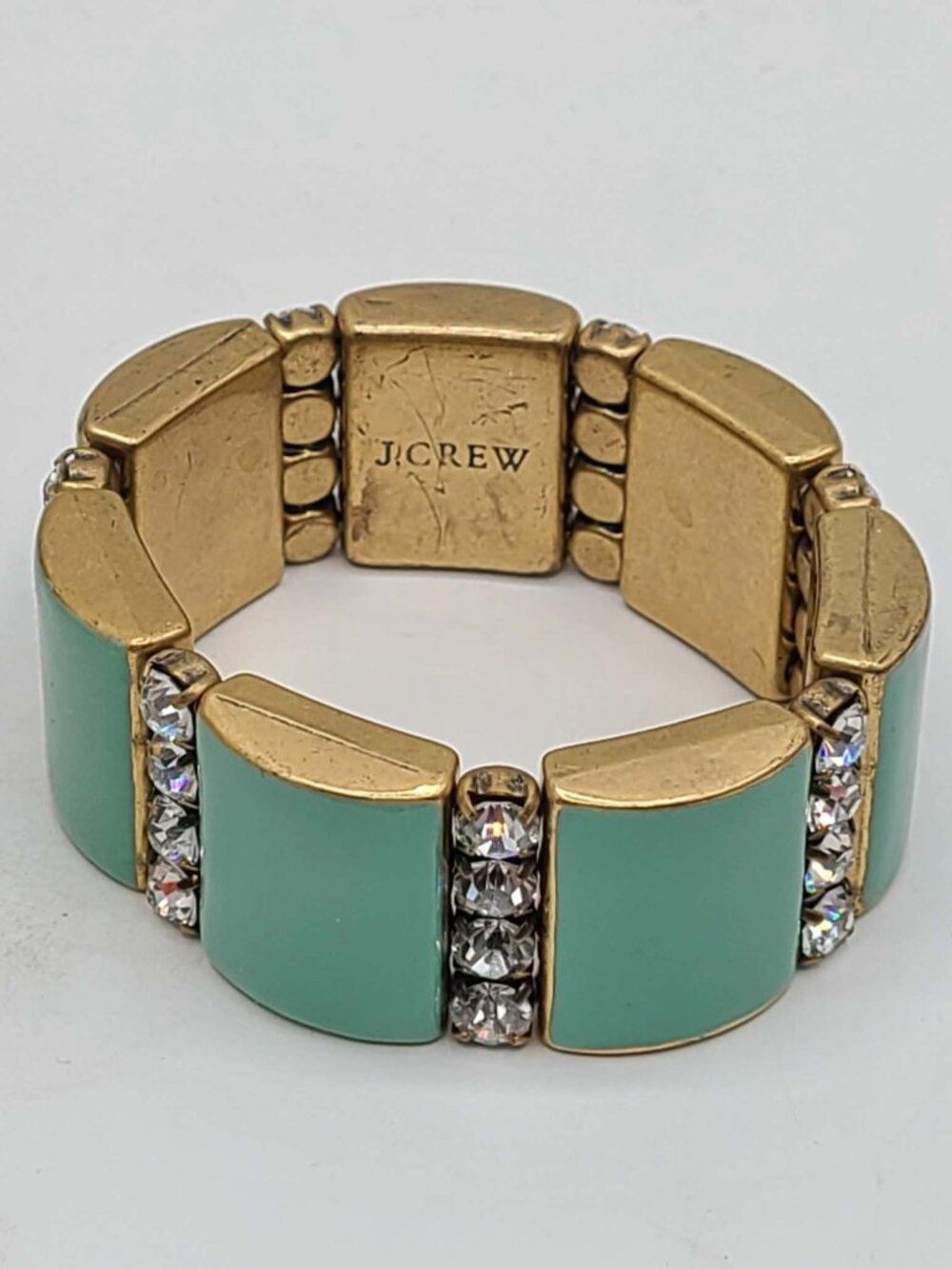 J Crew Aqua Enamel Gold Tone Clear Crystal Stretchy Bracelet